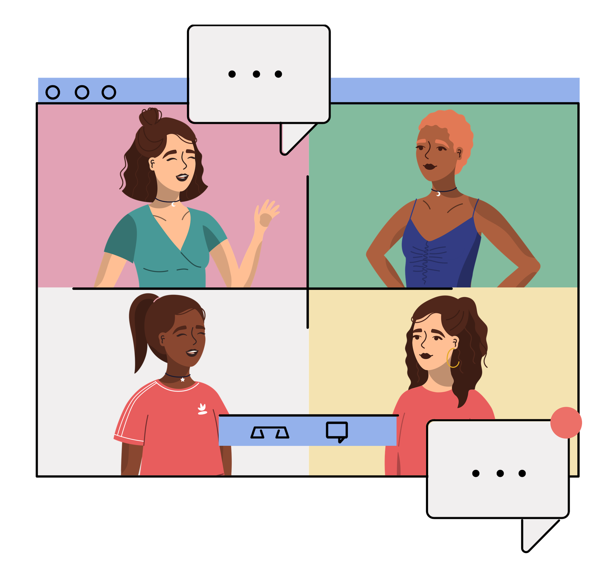 Alyssa greets 3 participants in a group coaching session video call. Illustrated image features group members in virtual meeting.