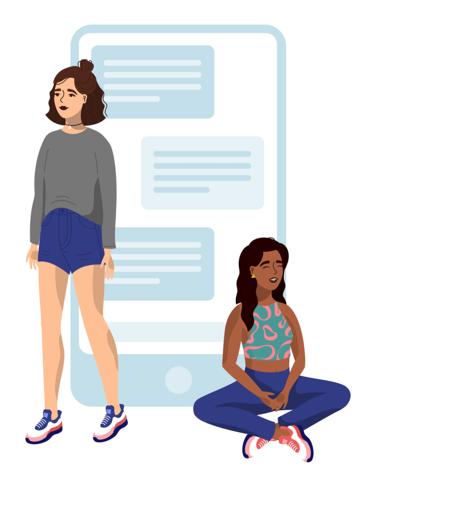 Alyssa and a client standing in front of phone with mock text messages. Illustration for 1-on-1 coaching.